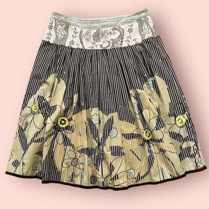 CAbi Brown and Cream Mixed Print Embroidered Fit and Flare "Treasure" Skirt #917